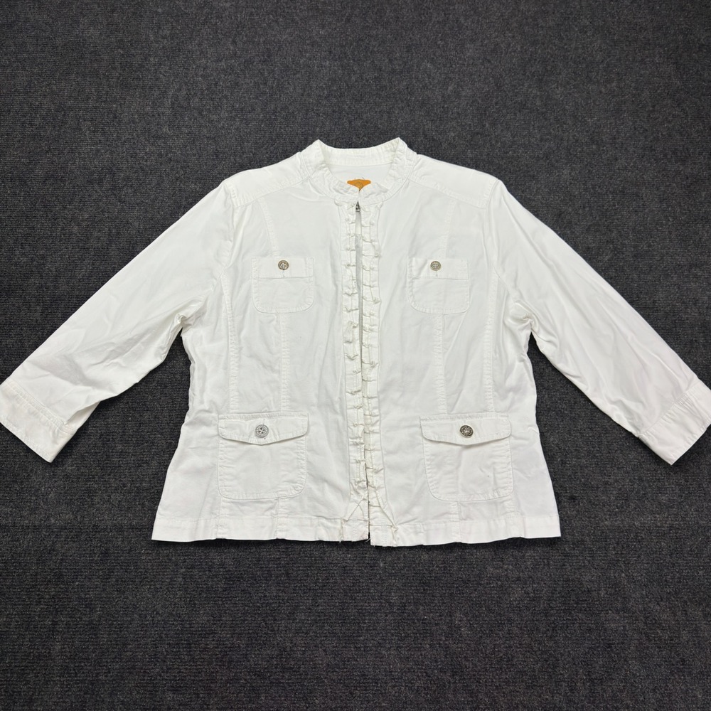 Ruby Rd Womens White Ruffle Utility Jacket Size 14 Stretch Cotton 3/4 Sleeve
